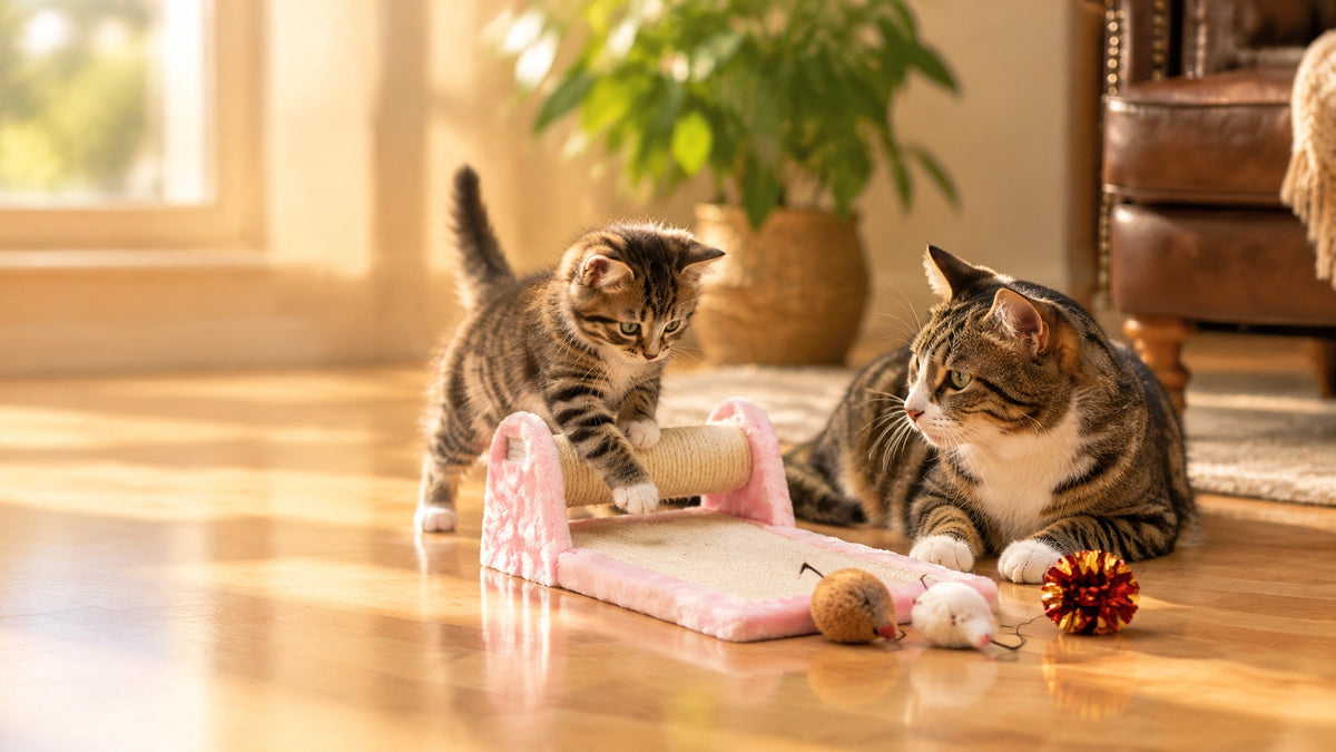 A tabby kitten and an adult cat exploring toys together in a warm, sunlit home