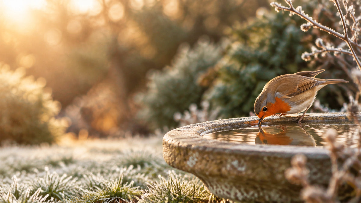 A robin drinks from a shallow bird bath in a softly lit winter garden
