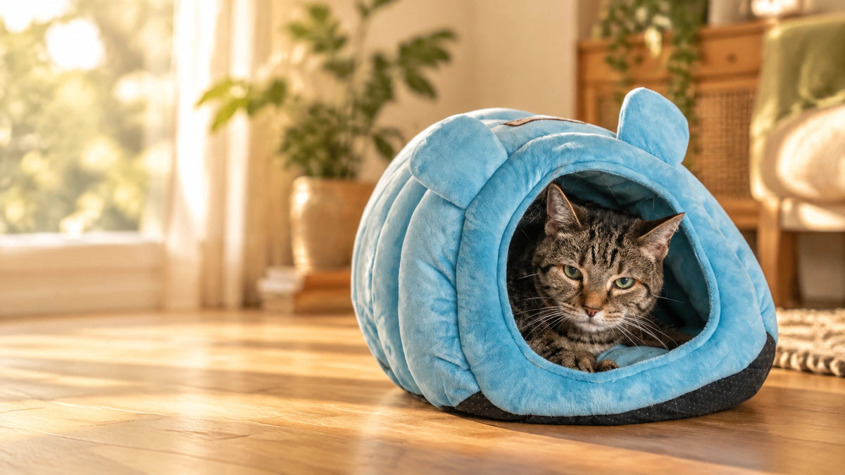 Tabby cat resting inside a soft blue tube-shaped cat bed in a warm, sunlit home