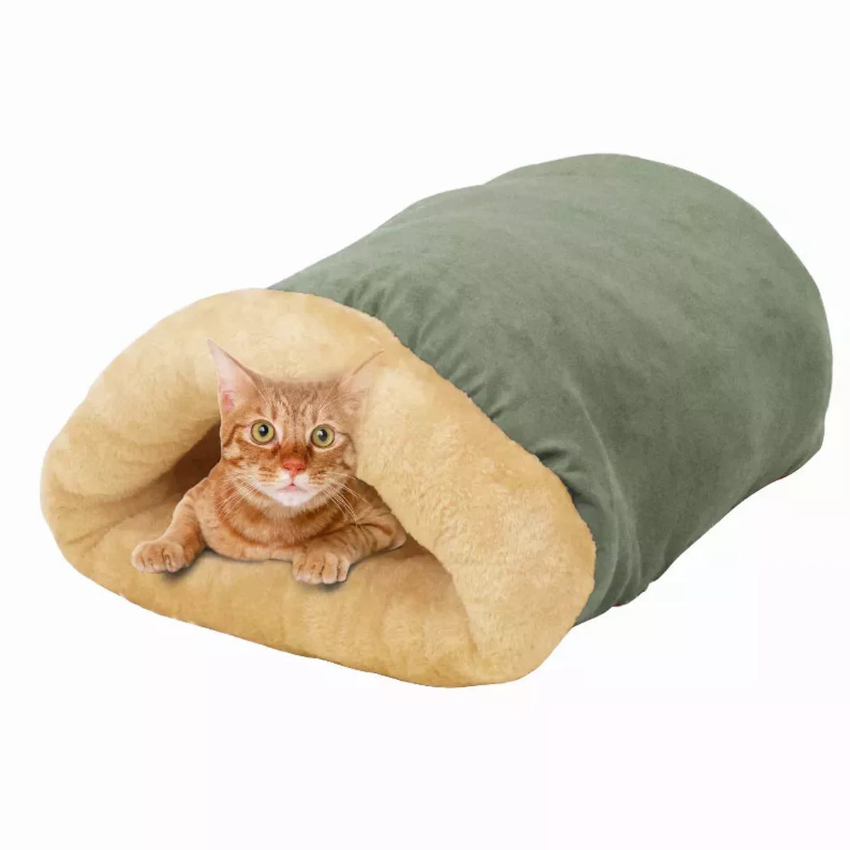 A flexible sage-green burrow-style bed for a cat