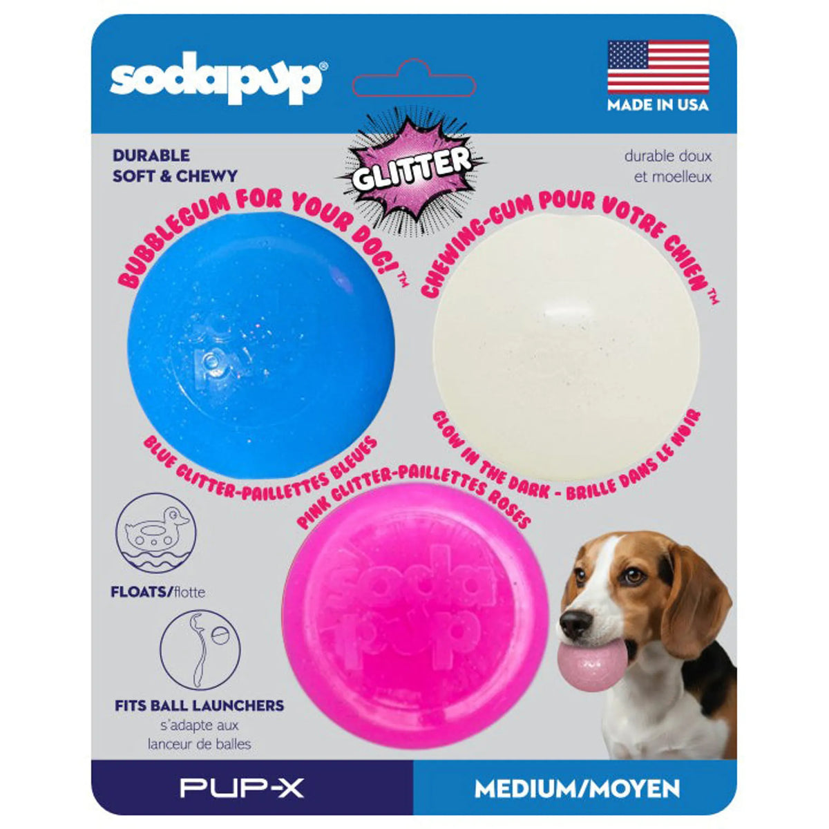 Glitter Ball 3-Pack Dog Toy | Soft PUP-X Rubber Floating Fetch Ball with Treat Dispenser