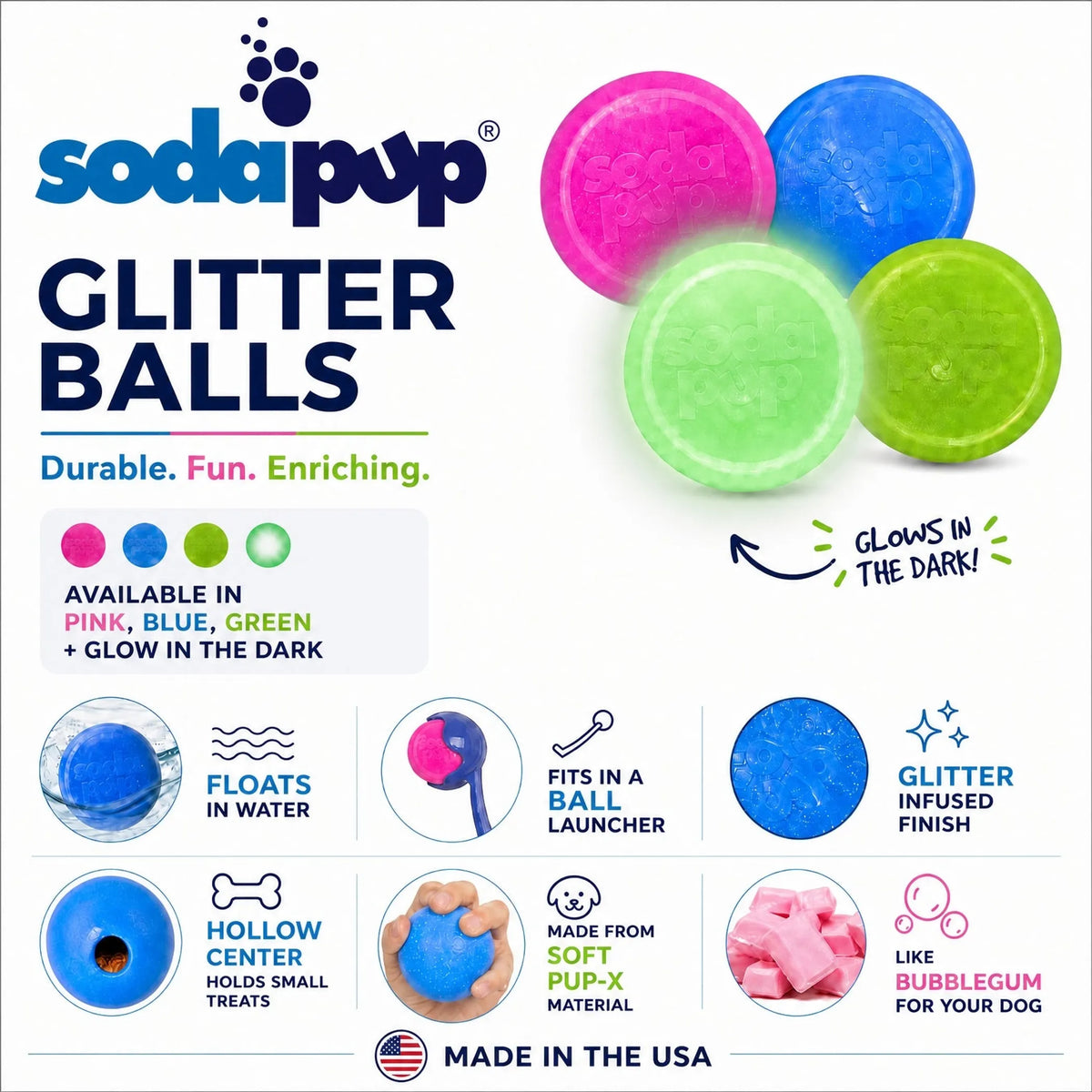 Glitter Ball 3-Pack Dog Toy | Soft PUP-X Rubber Floating Fetch Ball with Treat Dispenser