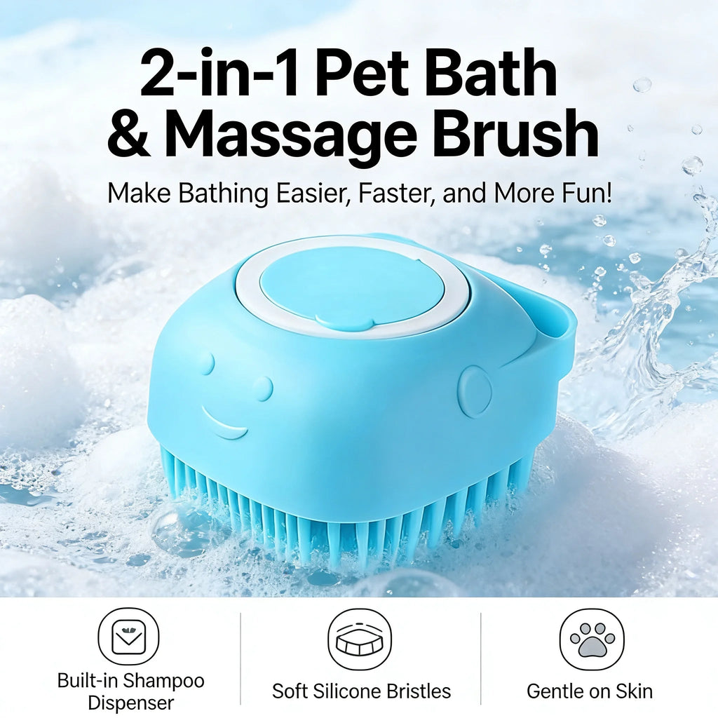 2-In-1 Pet Bath & Massage Brush With Shampoo Storage Silicone Dog Cat