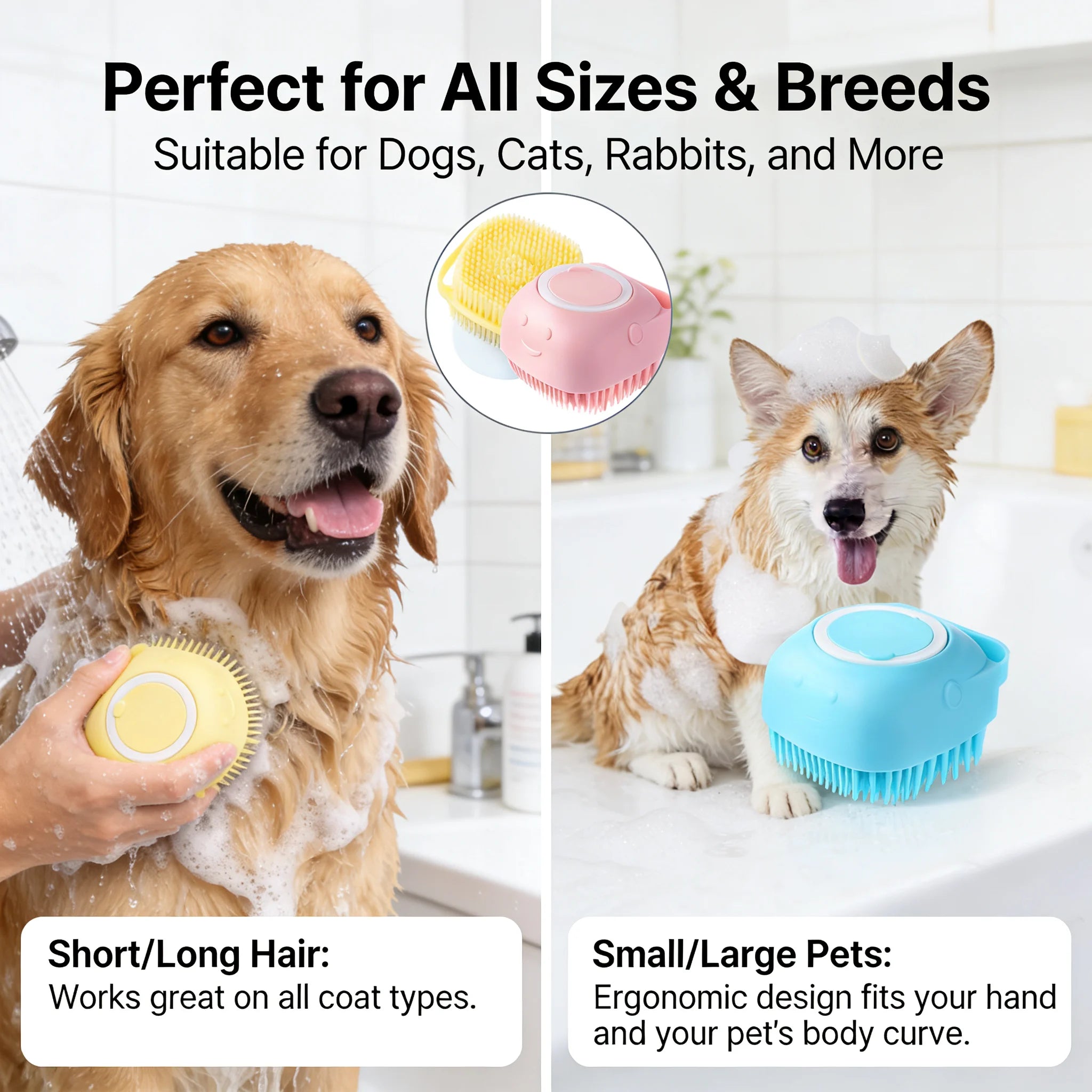 2-In-1 Pet Bath & Massage Brush With Shampoo Storage Silicone Dog Cat