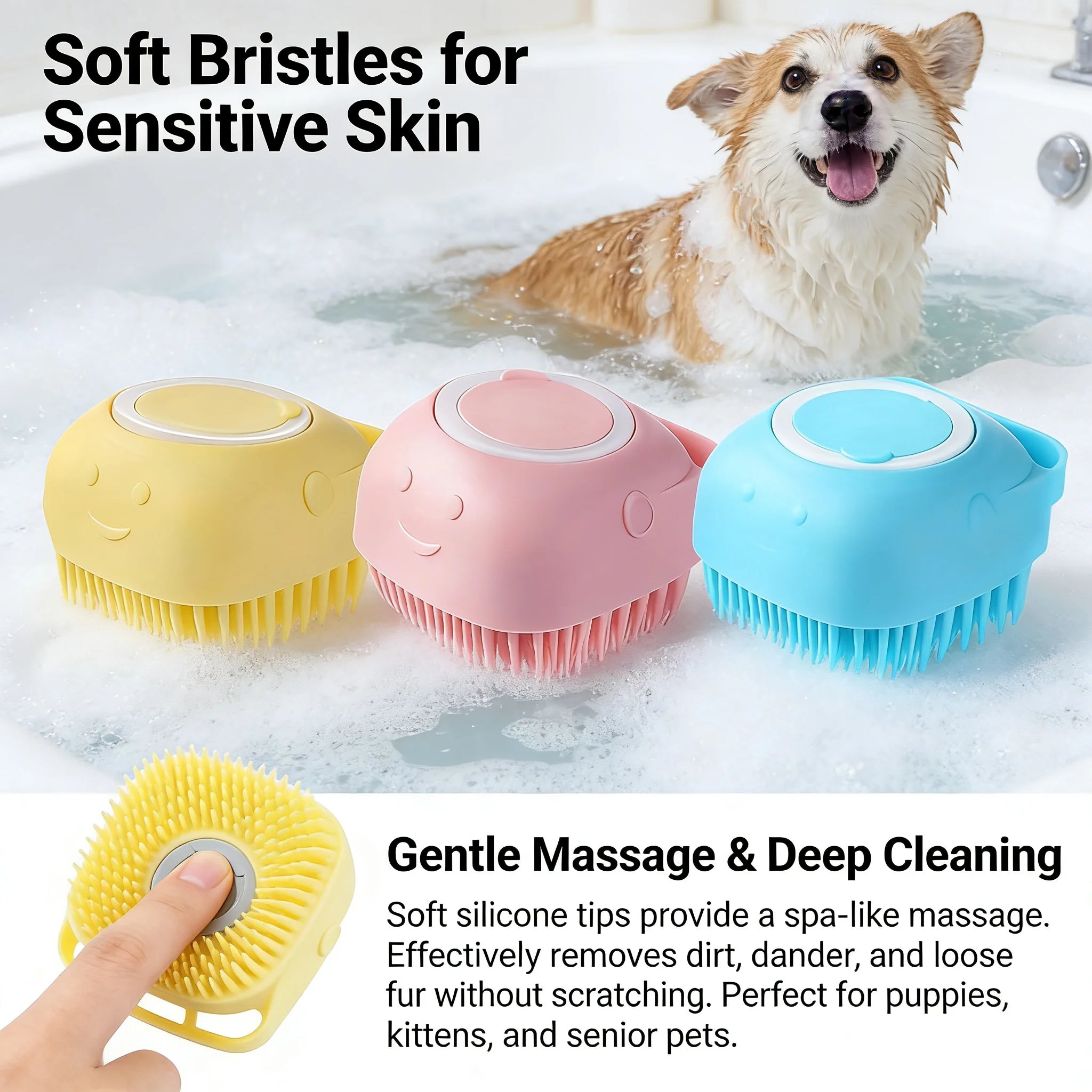 2-In-1 Pet Bath & Massage Brush With Shampoo Storage Silicone Dog Cat