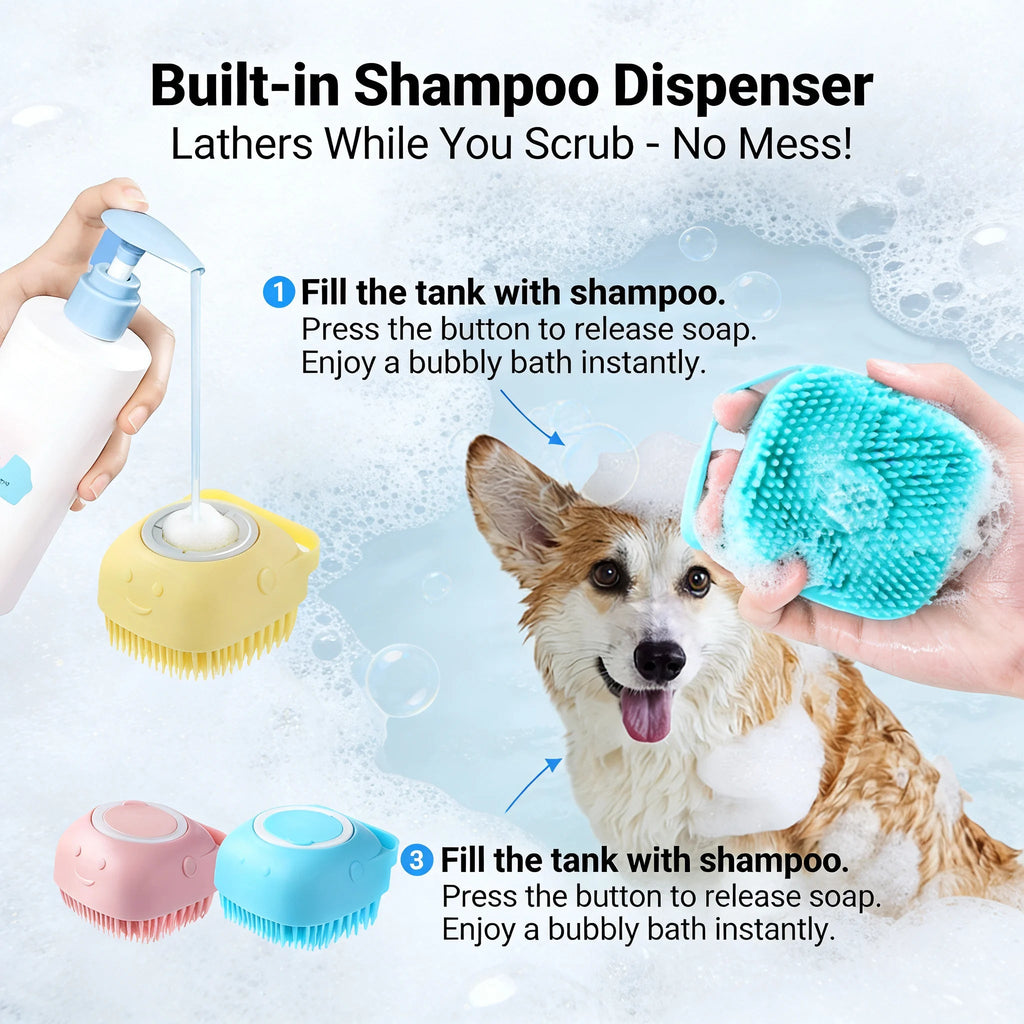 2-In-1 Pet Bath & Massage Brush With Shampoo Storage Silicone Dog Cat