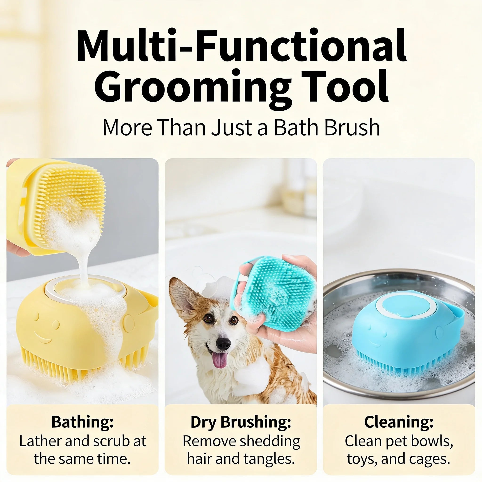 2-In-1 Pet Bath & Massage Brush With Shampoo Storage Silicone Dog Cat