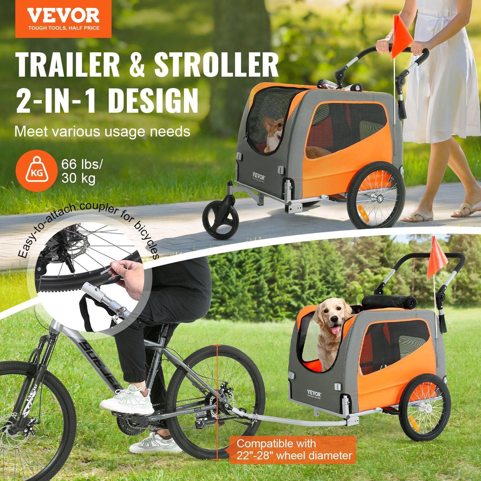 Dog Bike Trailer, Supports up to 66 lbs, 2-in-1 Pet Stroller Cart